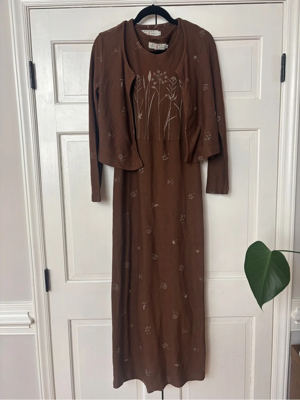 Vintage Potato Clothing Brown Maxi Dress Matchin Cardigan Cottagecore Size Small